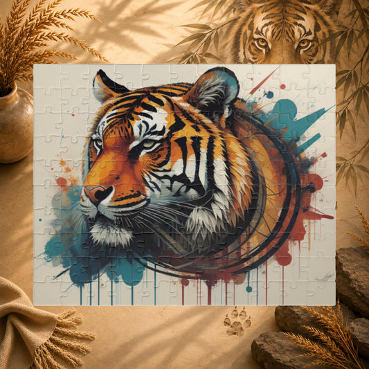 Jigsaw puzzle with a tiger design on a beige background