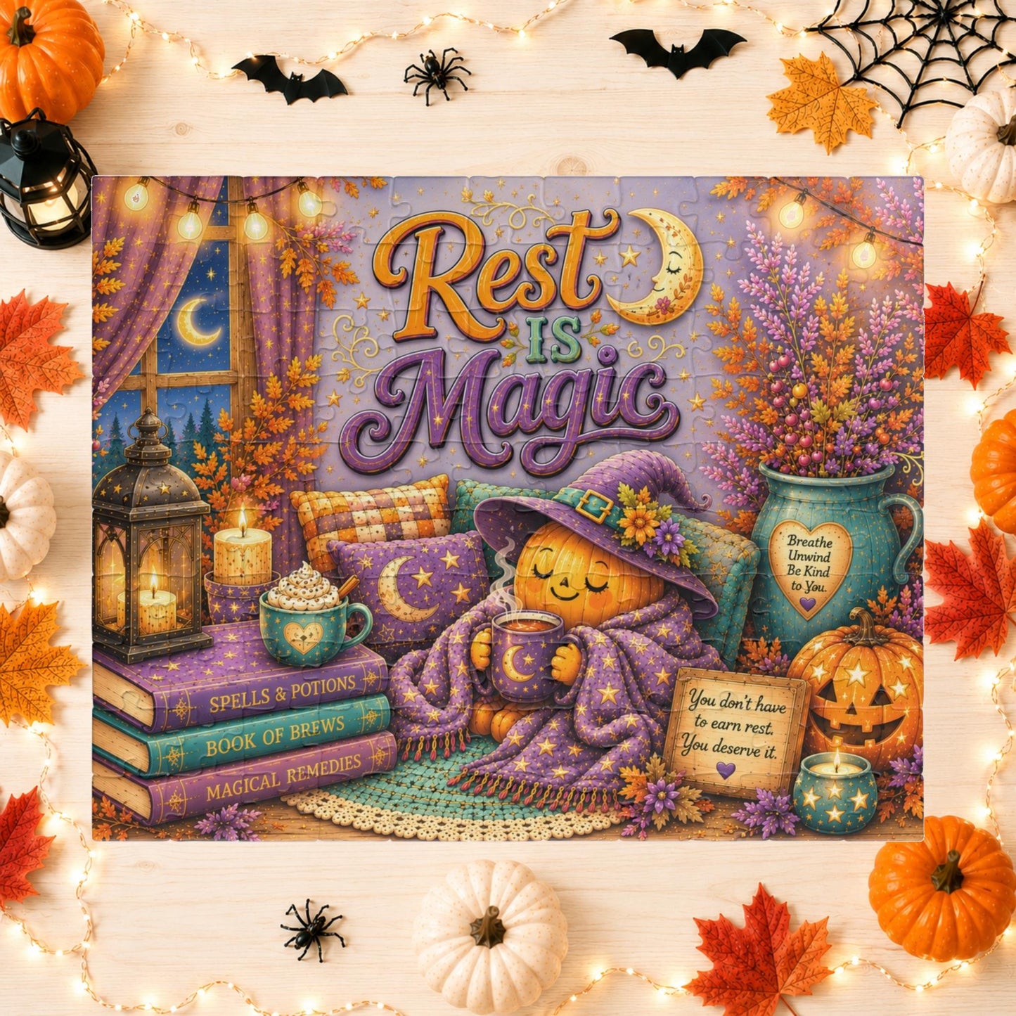 Rest Is Magic Halloween Puzzle - Cozy Pumpkin with Moon Mug, You Deserve Rest Sign, and Magical Books