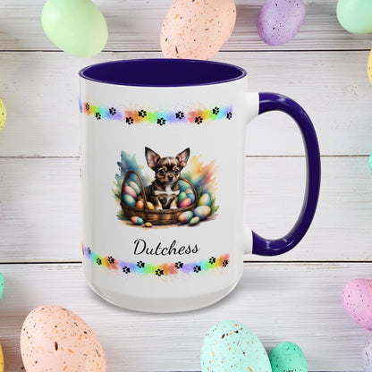 Chihuahua (Black Tri): Personalized Easter Puppy Coffee Mug - Adorable Dog Design, Mental Health Gift, 11oz & 15oz, 12 Color Choices, Easter Gifts & Décor