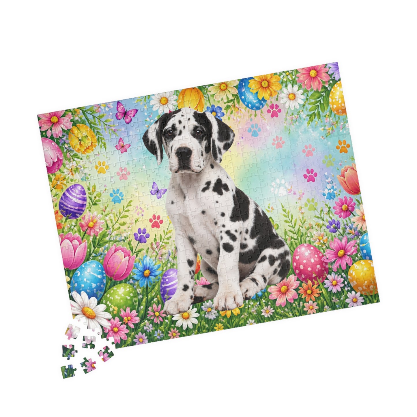 Great Dane (Harlequin) Easter Puppy Puzzle - Spring Garden with Eggs, Tulips, and Daisies