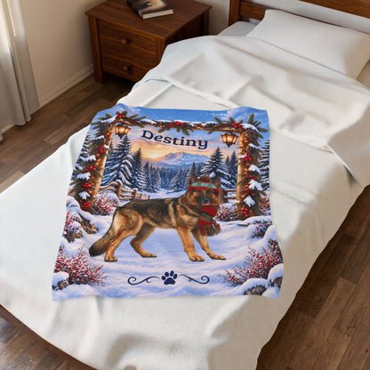 German Shepherd (Gold Sable) - Personalized Lantern-Lit Winter Blanket, Custom Name Velveteen Throw - MySisterIsAsurvor
