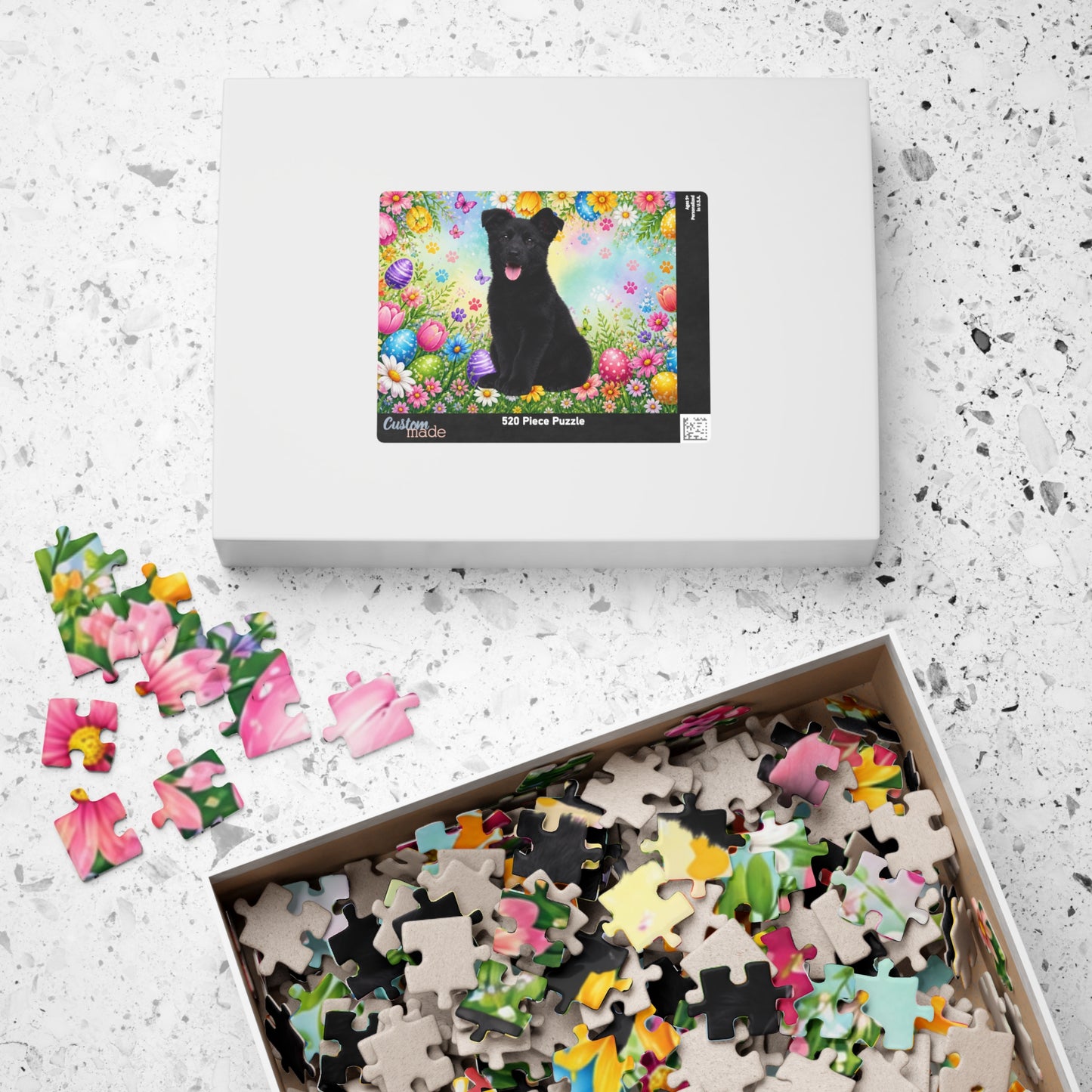 German Shepherd (Black) Easter Puppy Puzzle - Bold Spring Garden with Eggs and Blooms