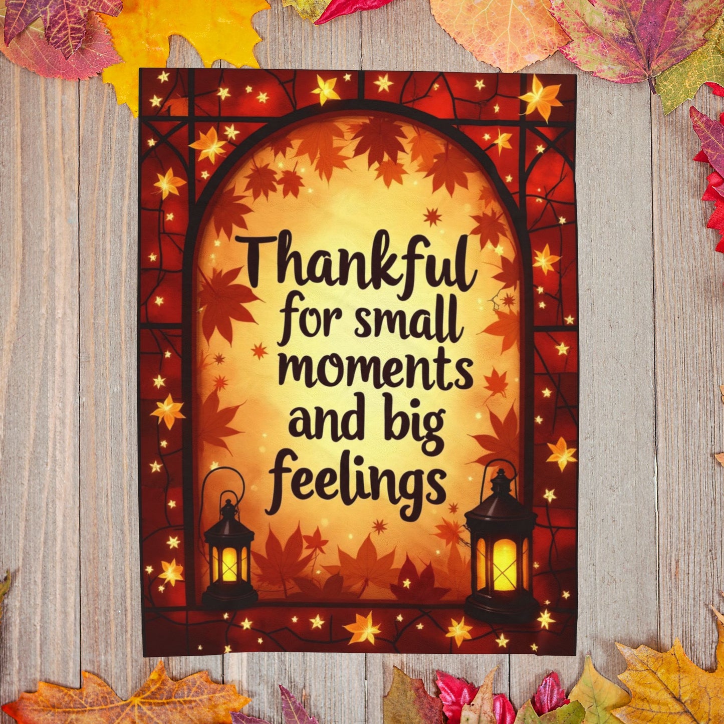 Cozy fall blanket with “Thankful for Small Moments and Big Feelings,” mindfulness-inspired design.