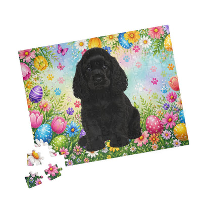 American Cocker Spaniel (Black) Easter Puppy Puzzle - Spring Garden with Eggs, Tulips, and Daisies