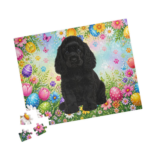American Cocker Spaniel (Black) Easter Puppy Puzzle - Spring Garden with Eggs, Tulips, and Daisies