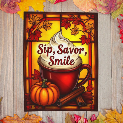 Cozy fall blanket with “Sip, Savor, Smile,” warm orange tones and autumn mindfulness aesthetic.
