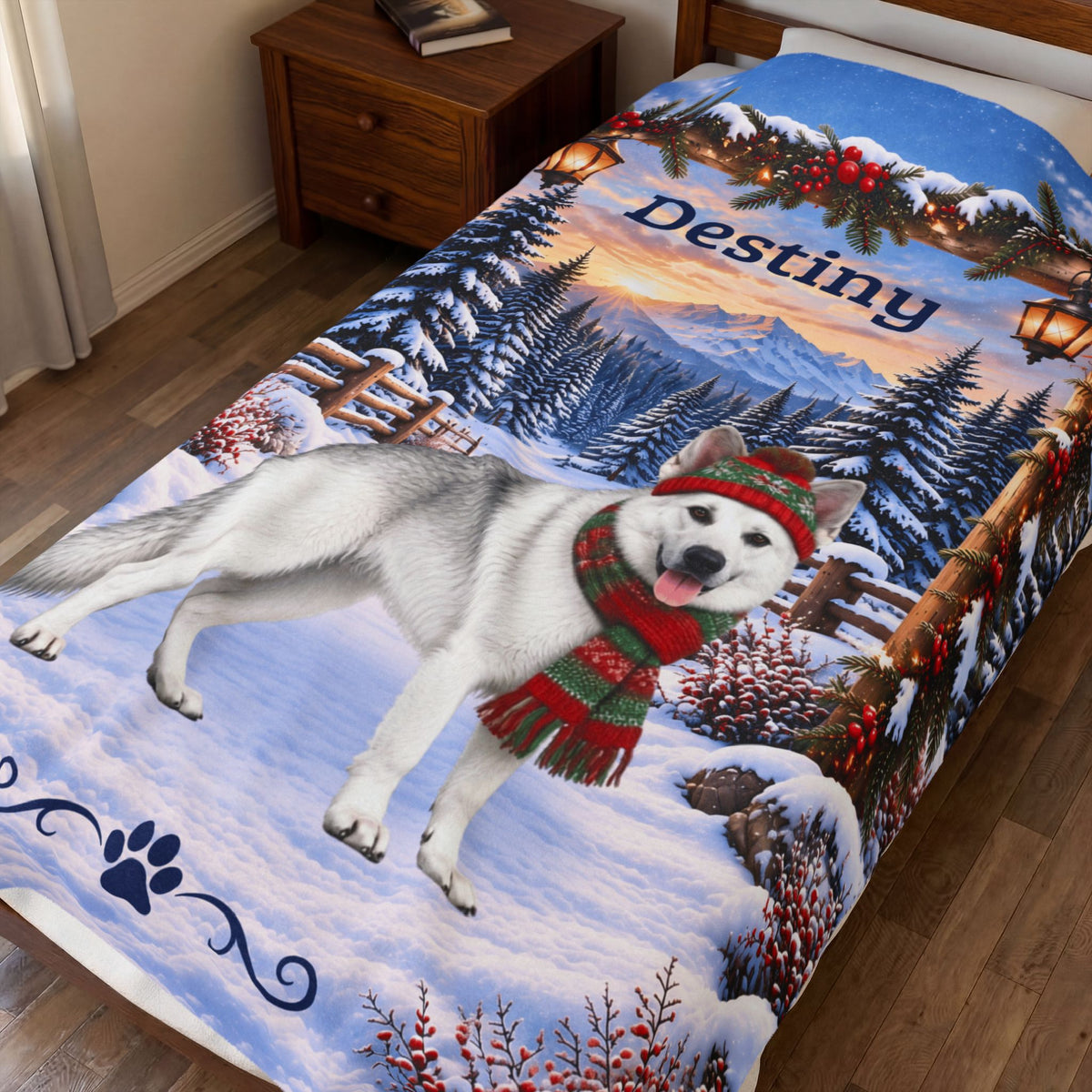 German Shepherd (White Coat, Recessive Saddle) - Personalized Winter Blanket, Custom Name Throw - MySisterIsAsurvor