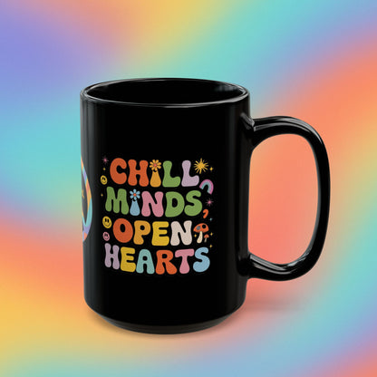 Chill Minds Open Hearts custom mug, retro 70s mental health coffee cup gift - MySisterIsASurvivor