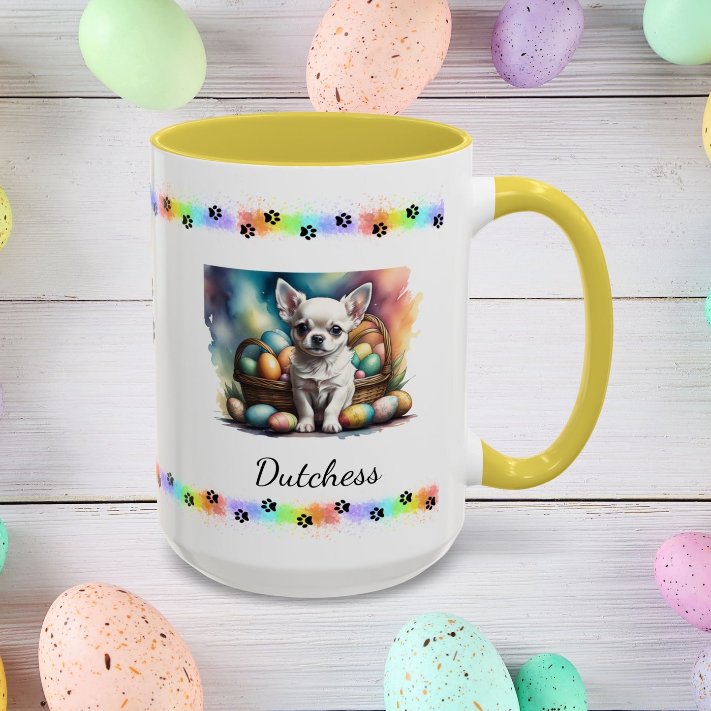 Chihuahua (White): Personalized Easter Puppy Coffee Mug - Adorable Dog Design, Mental Health Gift, 11oz & 15oz, 12 Color Choices, Easter Gifts & Décor