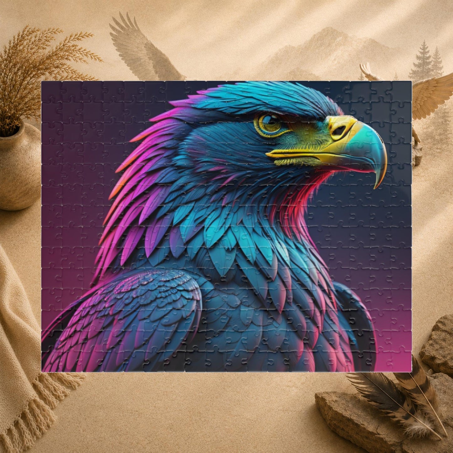 Eagle's Fortitude - Neon Eagle Portrait Puzzle with Teal and Pink-Purple Feathers on Dark Gradient