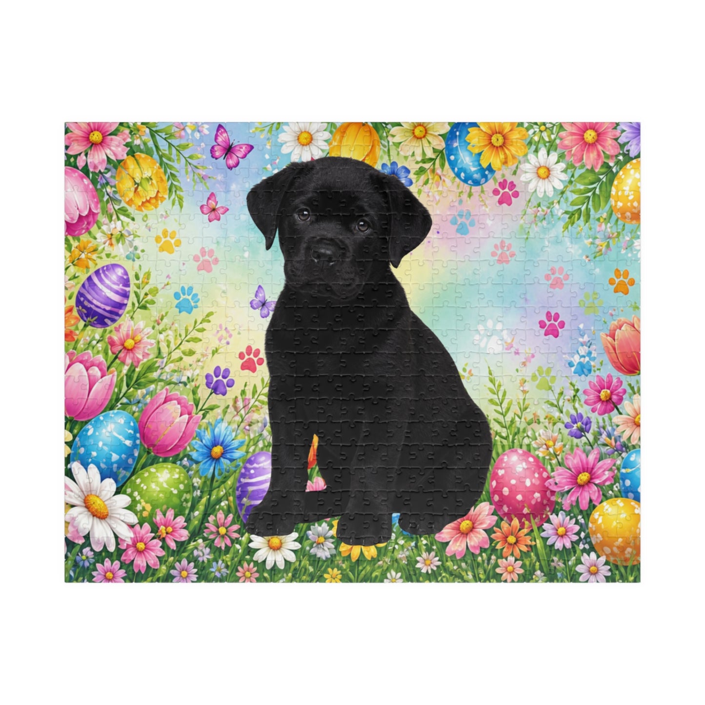 Rottweiler (Black) Easter Puppy Puzzle - Bold Spring Garden with Eggs and Wildflowers