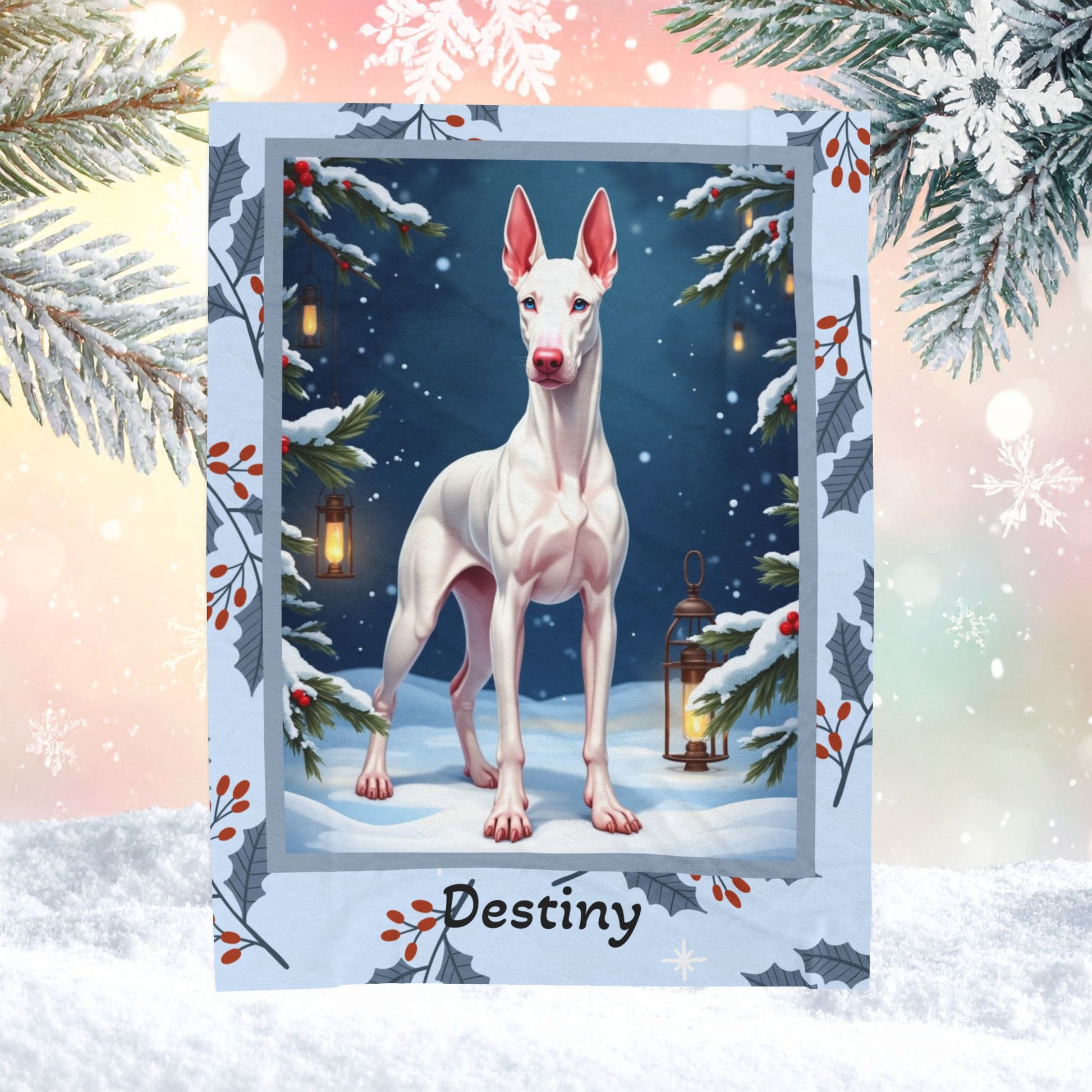 Doberman White personalized winter Doberman blanket with crisp white coat artwork in a cozy winter lodge scene