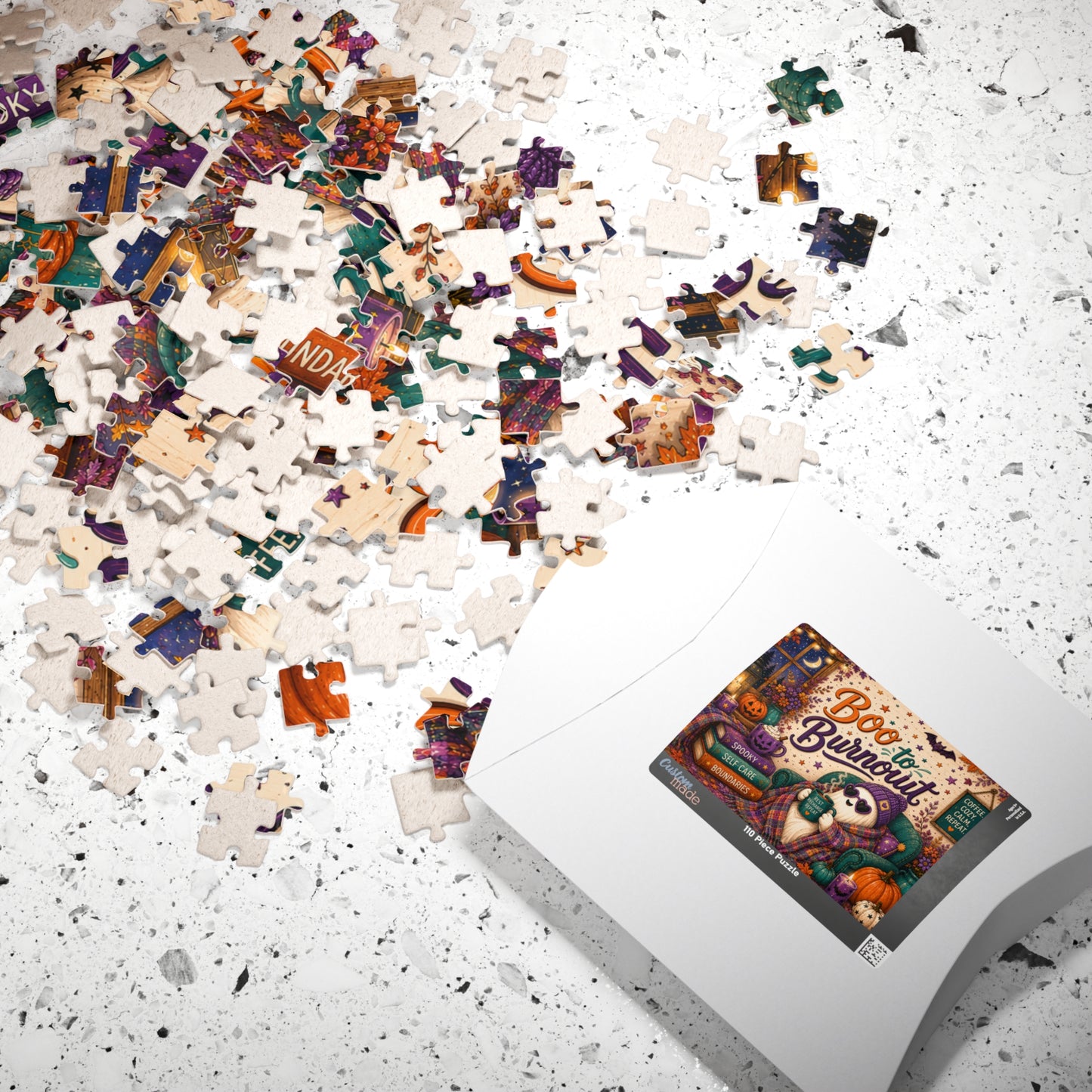 Boo to Burnout Halloween Puzzle - Ghost in Beanie with Rest Recharge Repeat Mug and Self-Care Books