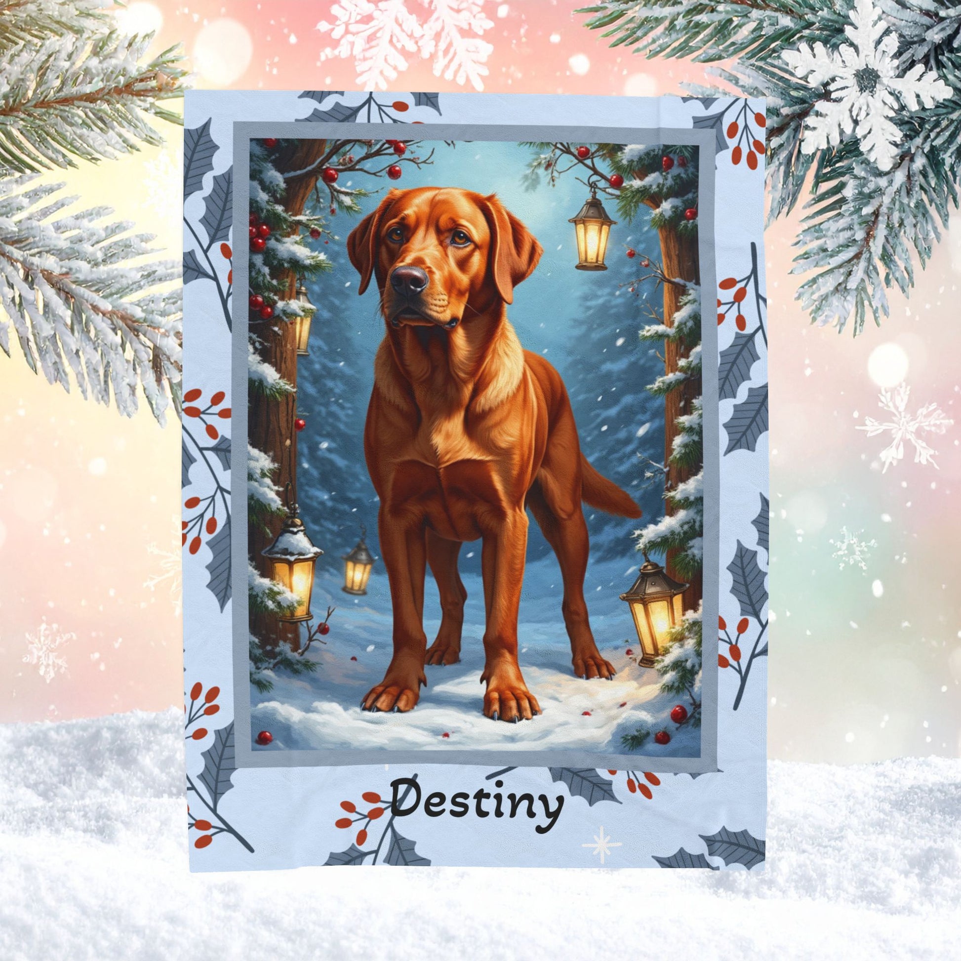 Labrador Retriever Fox Red custom winter blanket featuring a fox red Lab in a glowing winter lodge illustration