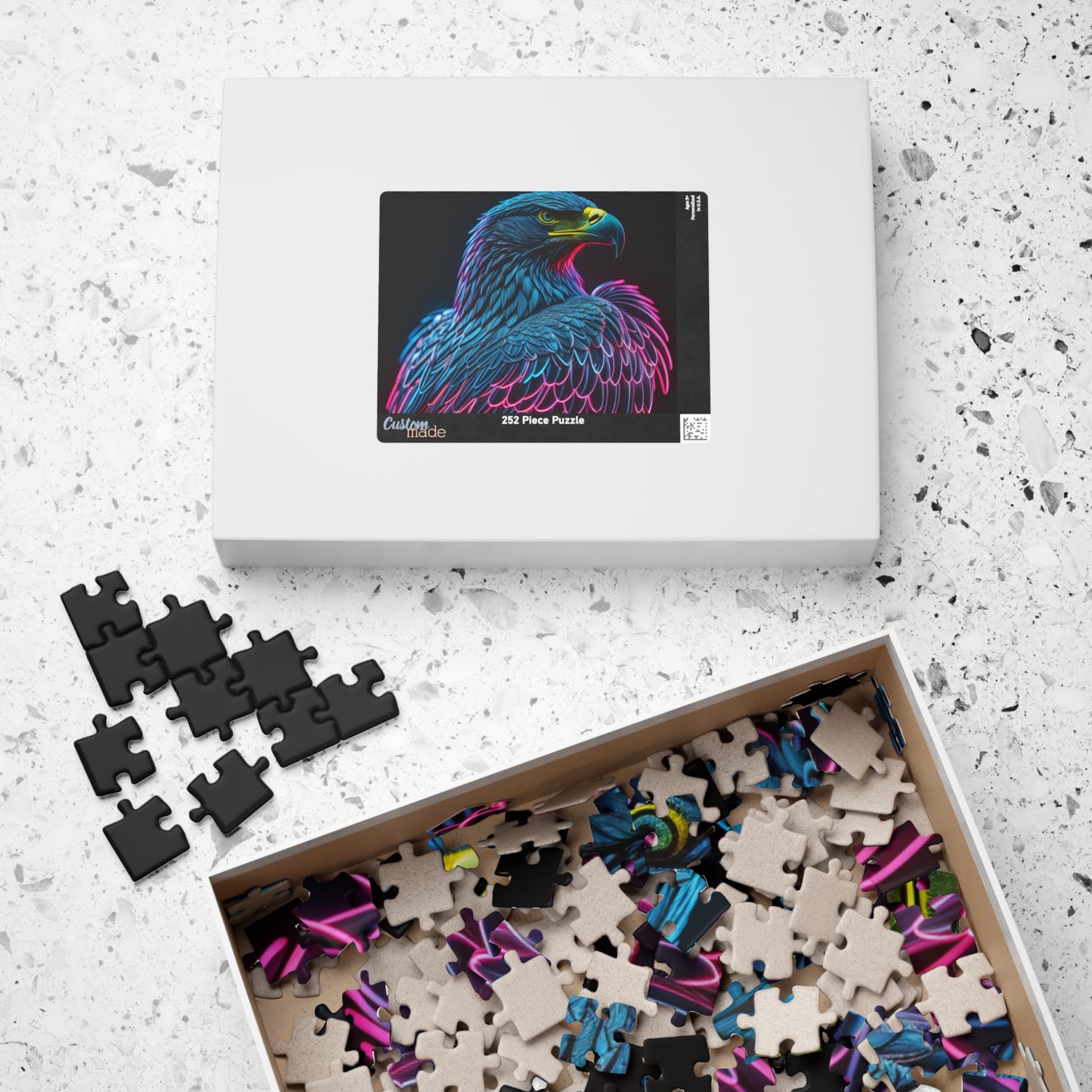 Wings of Resilience - Neon Eagle Portrait Puzzle with Teal Feathers and Pink Neon Outlines on Black