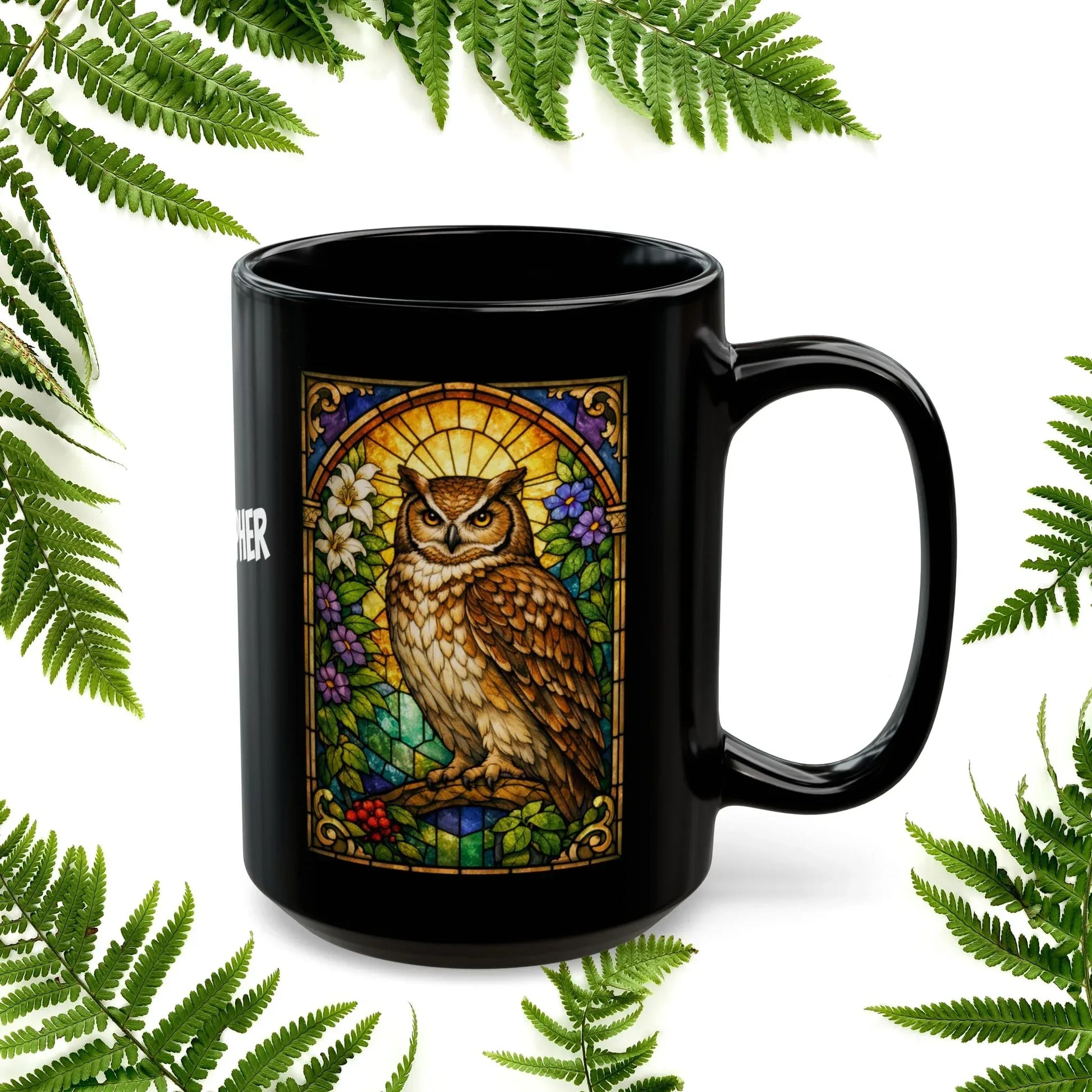 Shop our premium owl stained glass style black mug from MySisterIsASurvivor.