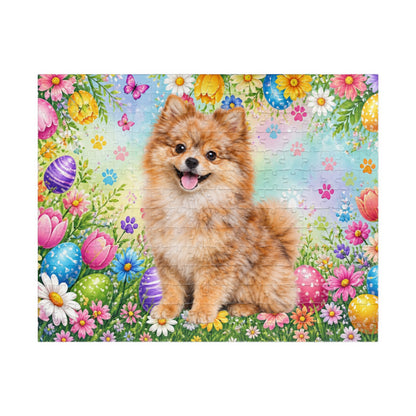 Pomeranian (Orange Merle) Easter Puppy Puzzle - Spring Garden with Eggs, Tulips, and Daisies