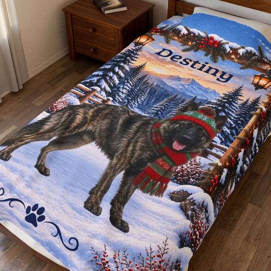 German Shepherd (Brindle Coat) - Personalized Snowy Mountain Blanket, Custom Name Velveteen Throw - MySisterIsAsurvor