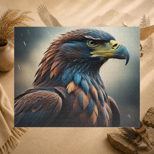Talon Resilience - Brooding Eagle Portrait Puzzle with Dark Blue Feathers on Stormy Rainy Background