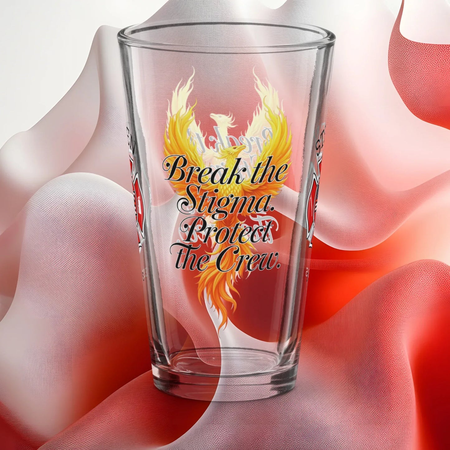Shop our firefighter support pint break the stigma featuring the 16oz style option from MySisterIsASurvivor.