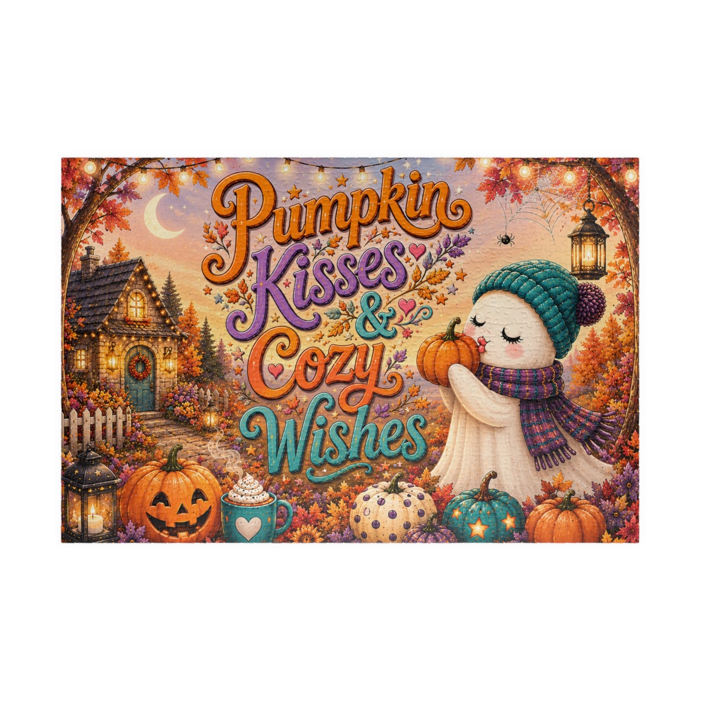 Pumpkin Kisses & Cozy Wishes Halloween Puzzle - Beanie Ghost with Pumpkins, Heart Mug, and Fall Leaves