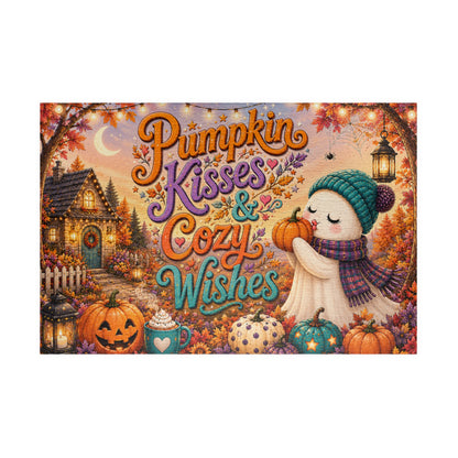 Pumpkin Kisses & Cozy Wishes Halloween Puzzle - Beanie Ghost with Pumpkins, Heart Mug, and Fall Leaves