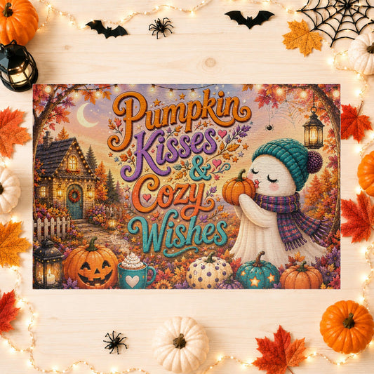 Pumpkin Kisses & Cozy Wishes Halloween puzzle with beanie ghost, pumpkins, and heart mug