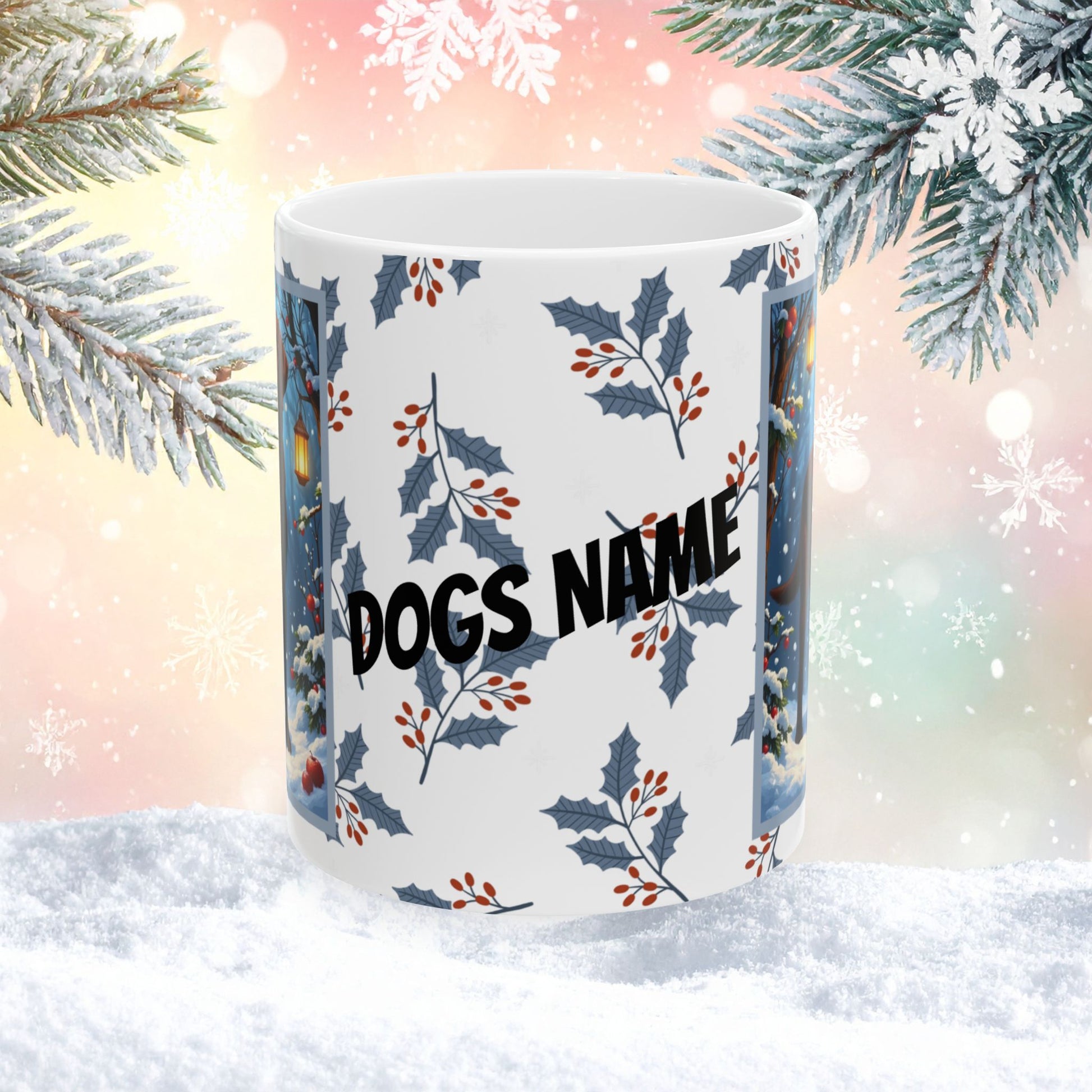 Labrador Retriever (Chocolate) Winter Mug - chocolate lab illustrated standing in a cozy winter setting with snowy details