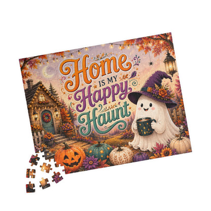 Home Is My Happy Haunt Halloween Puzzle - Witch Hat Ghost with Haunted House Mug and Fall Cottage