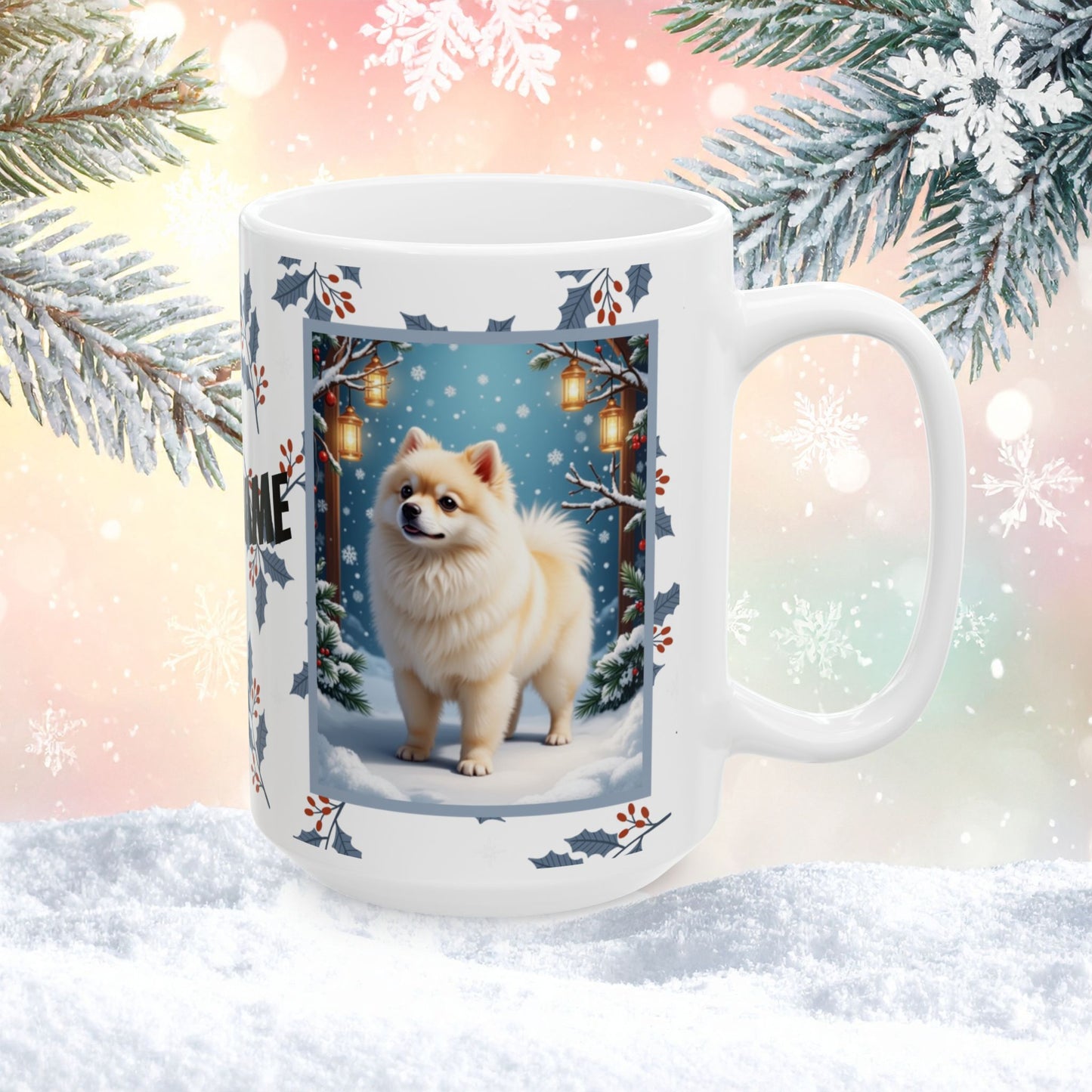 Pomeranian (White & Cream) Winter Mug - white and cream pomeranian artwork standing in a snowy winter setting