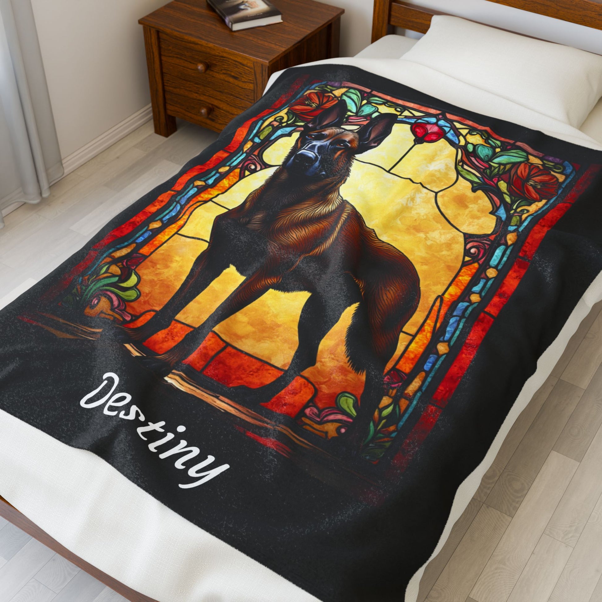 Belgian Malinois red sable velveteen blanket, dog throw, personalized stained glass pet gift - MySisterIsASurvivor