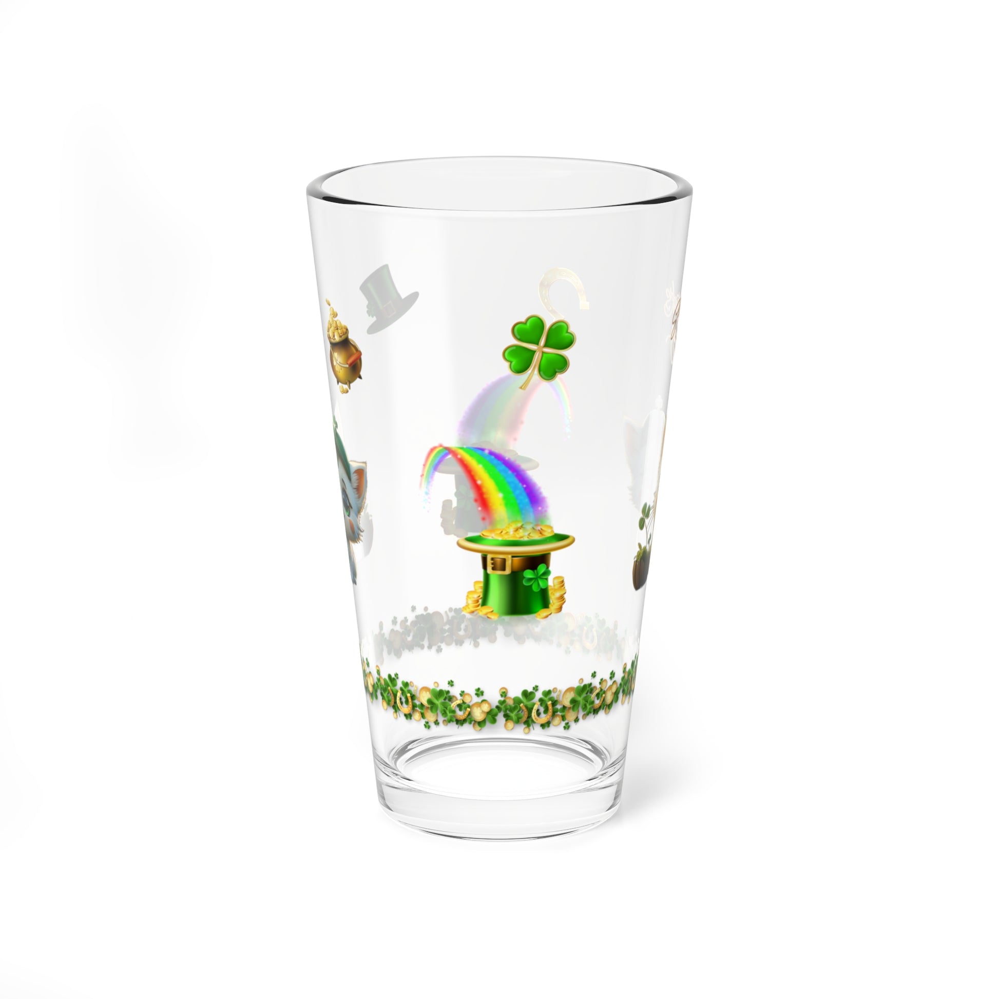 Clover Comfort Cat: Mindful St. Patrick's Day 16oz Pint Glasses - Festive Design for Positivity & Wellness