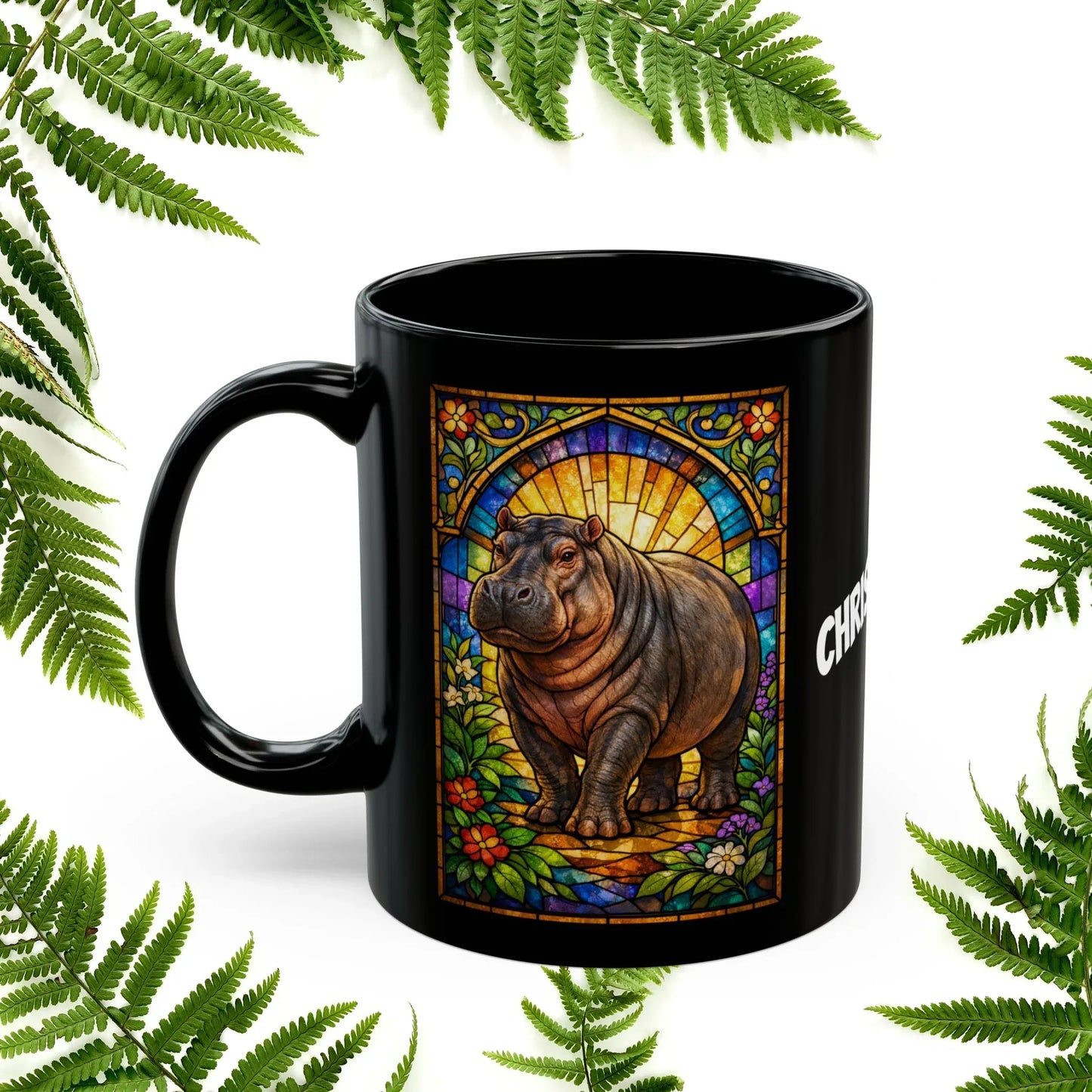 Shop our premium hippopotamus stained glass style black mug from MySisterIsASurvivor.