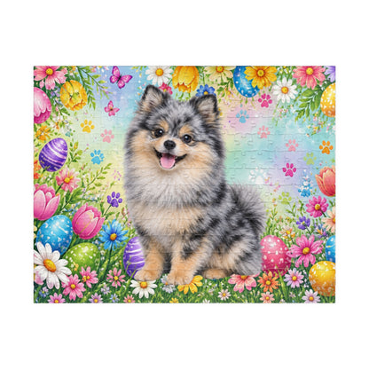 Pomeranian (Blue Merle) Easter Puppy Puzzle - Spring Garden with Eggs, Tulips, and Daisies