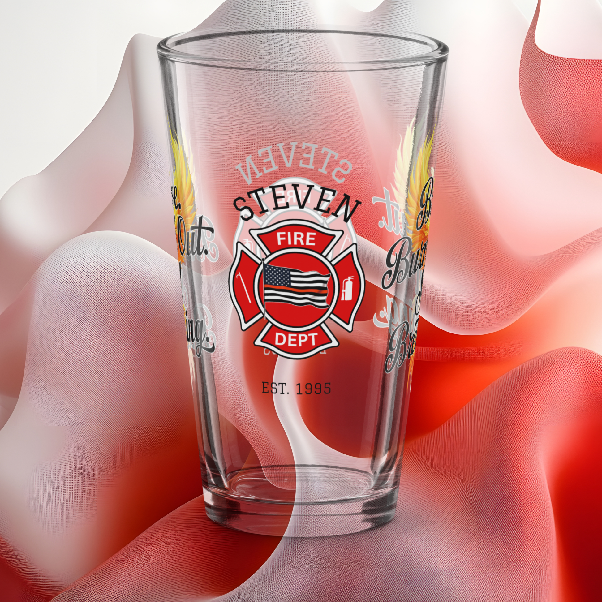 Brave, Burned Out, Still Breathing firefighter pint glass symbolizing resilience and mental health support