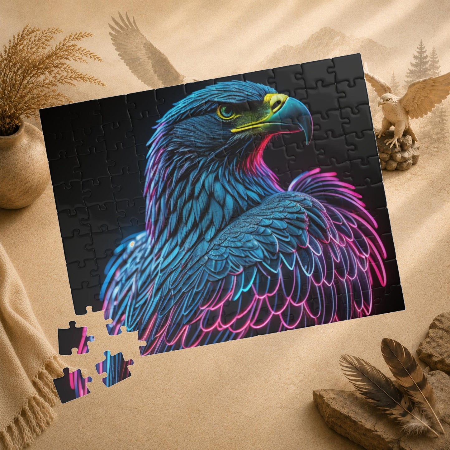 Wings of Resilience - Neon Eagle Portrait Puzzle with Teal Feathers and Pink Neon Outlines on Black