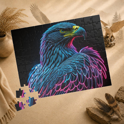 Wings of Resilience - Neon Eagle Portrait Puzzle with Teal Feathers and Pink Neon Outlines on Black