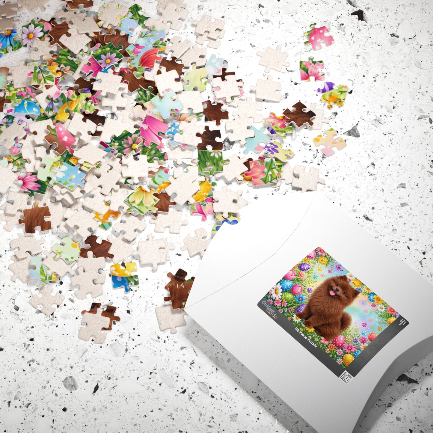 Pomeranian (Chocolate) Easter Puppy Puzzle - Spring Garden with Eggs, Tulips, and Daisies