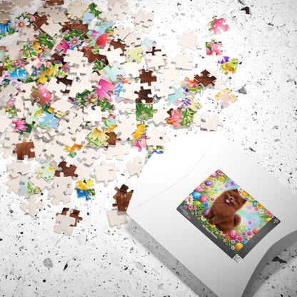 Pomeranian (Chocolate) Easter Puppy Puzzle - Spring Garden with Eggs, Tulips, and Daisies