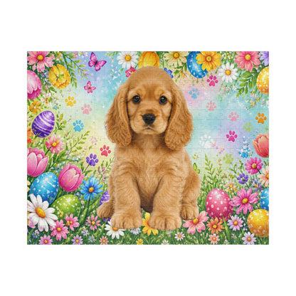 American Cocker Spaniel (Golden) Easter Puppy Puzzle - Spring Garden with Eggs, Tulips, and Daisies