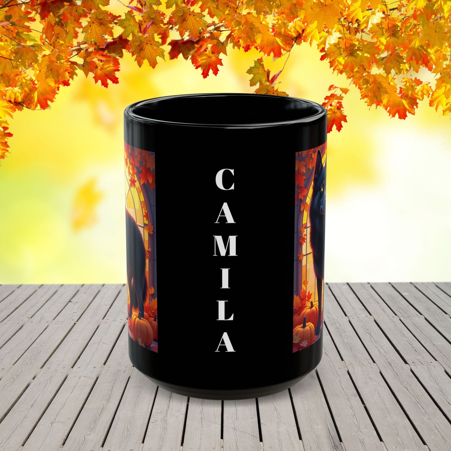 Black Siberian Husky (Amber Eyes) autumn coffee mug, personalized seasonal Husky gift for dog lovers
