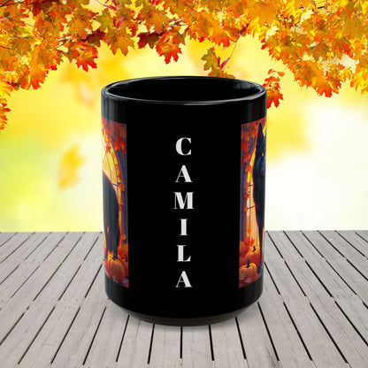 Black Siberian Husky (Amber Eyes) autumn coffee mug, personalized seasonal Husky gift for dog lovers