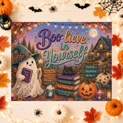 Boo-lieve in Yourself Halloween Puzzle - Ghost with Believe in Magic Book, Black Cat, and Affirmation Books