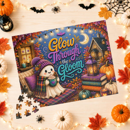 Glow Through the Gloom Halloween Puzzle - Cozy Ghost with Heart Mug, Kind Heart Books, and Cottage