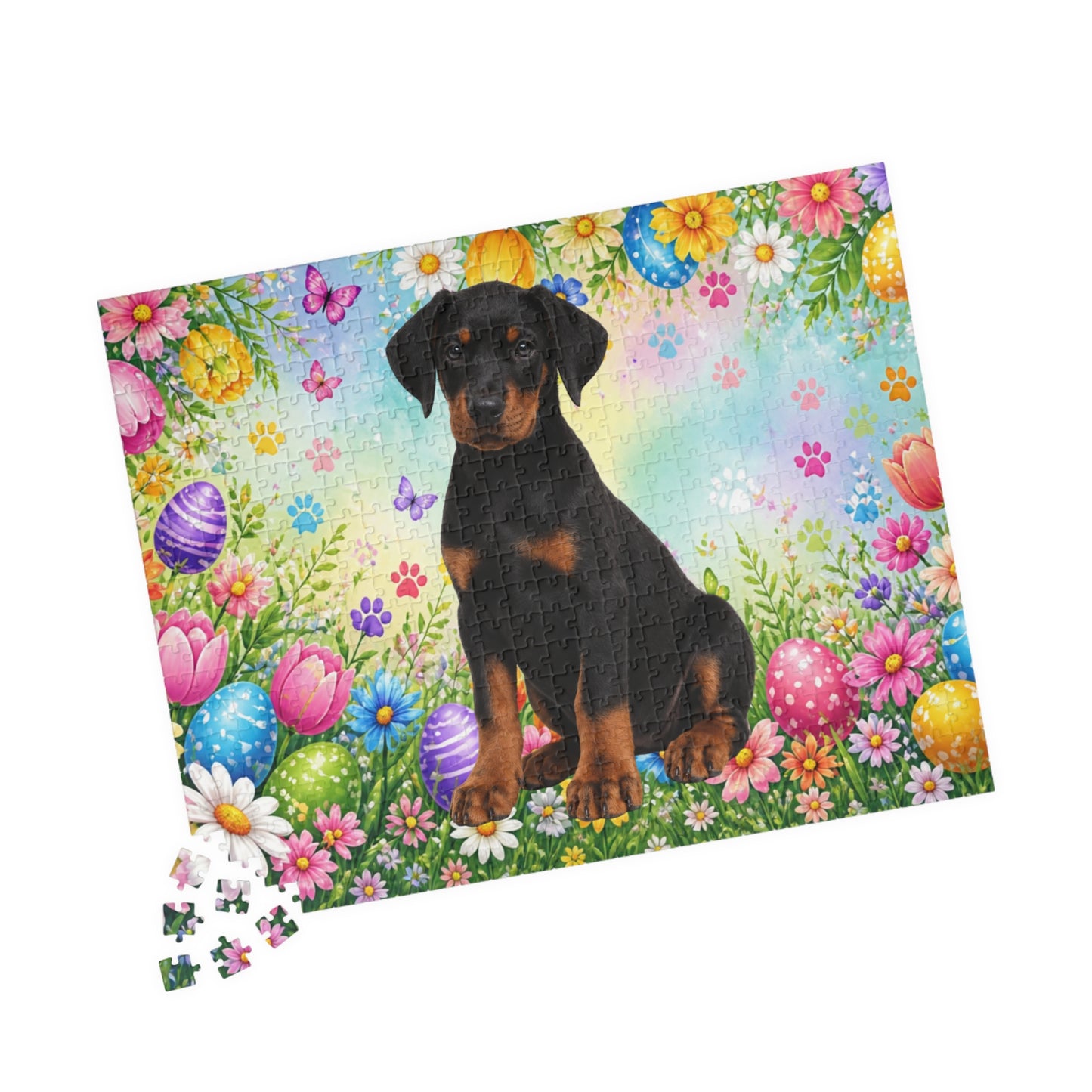 Doberman (Black & Rust) Easter Puppy Puzzle - Spring Garden with Eggs, Tulips, and Daisies