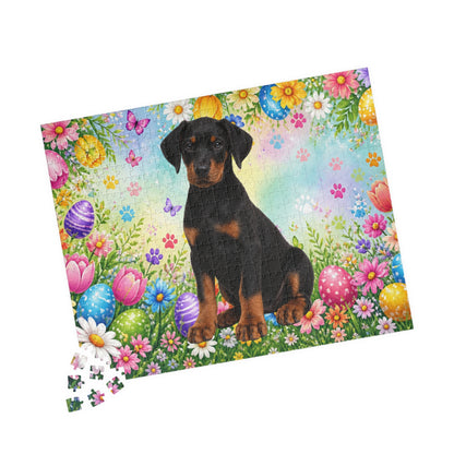 Doberman (Black & Rust) Easter Puppy Puzzle - Spring Garden with Eggs, Tulips, and Daisies