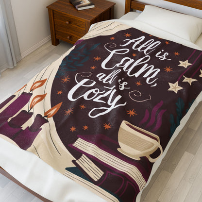 Cozy Christmas blanket “All Is Calm, All Is Cozy” with winter holiday design, soft festive throw for comfort