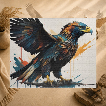 Soaring Eagle Triumph - Full-Body Graffiti Eagle Puzzle with Iridescent Teal Feathers and Paint Splatters