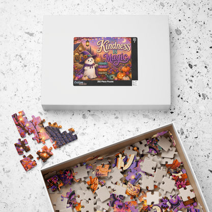 Kindness Is Magic Halloween Puzzle - Witch Ghost with Magic Wand, Purple Pumpkins, and Wildflowers