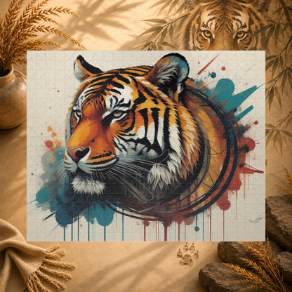The Resilient Tiger - Expressive Tiger Puzzle with Circular Brushstroke and Paint Drips on White